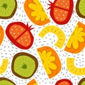 Seamless pattern with cartoon with kiwi, pomegranate, oranges, decor elements. colorful vector. hand drawing, flat style. Royalty Free Stock Photo